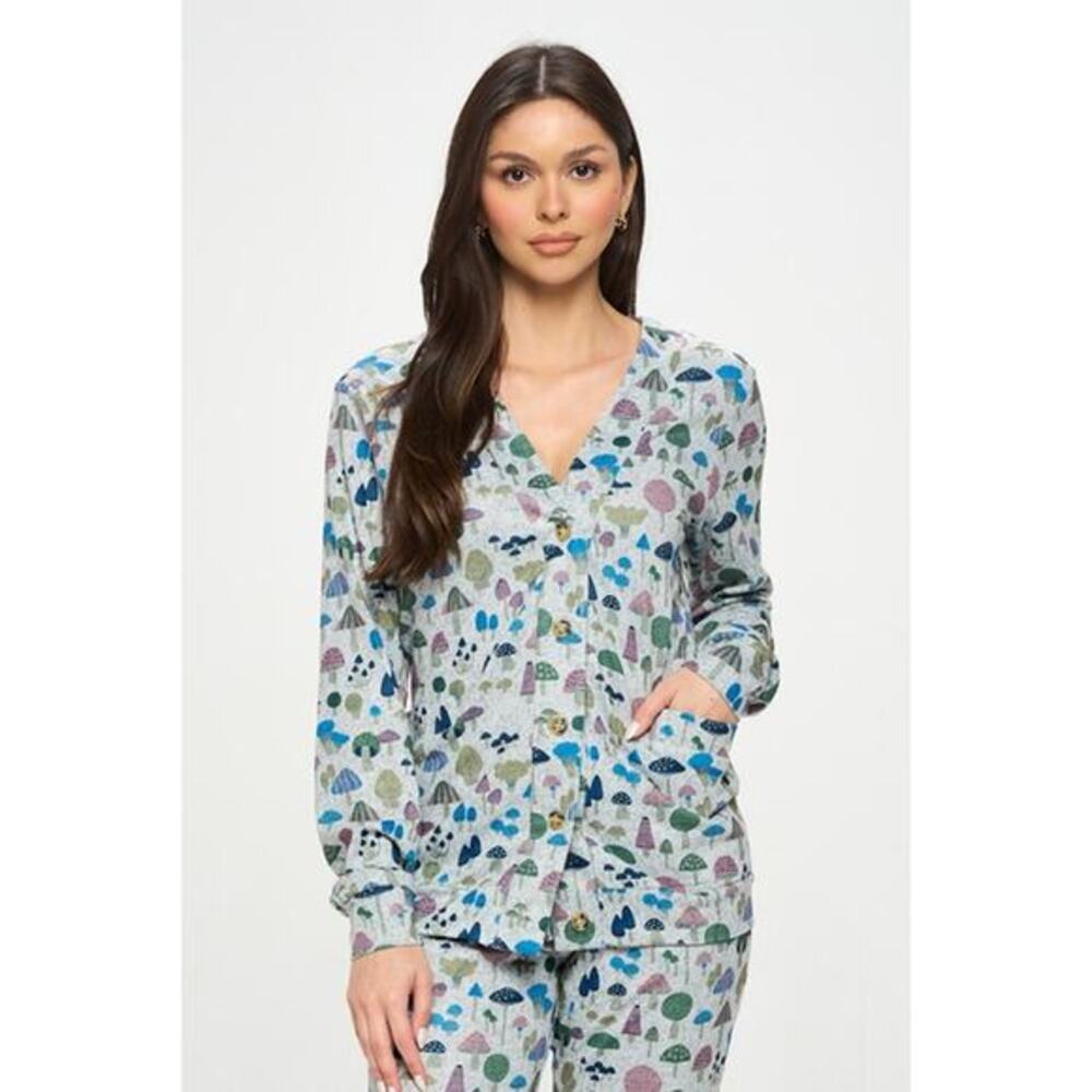 SM Wardrobe Mushroom Print Button Down V-Neck Cardigan